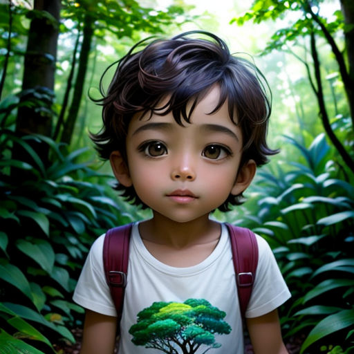 a young boy with a backpack standing in a forest with a tree on his shirt and a backpack on his shoulder