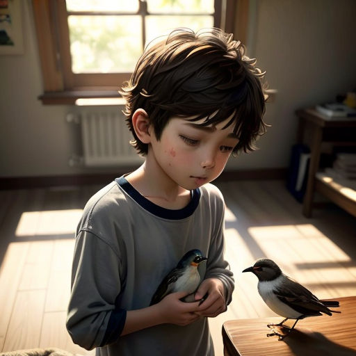 a young boy holding a bird in his hands and a bird on the table in front of him with a window behind him