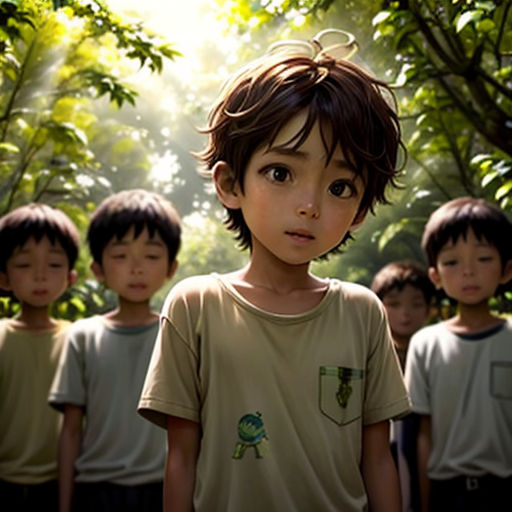a group of children standing in front of trees and bushes with sunlight shining through the leaves on them, in a scene from the animated movie