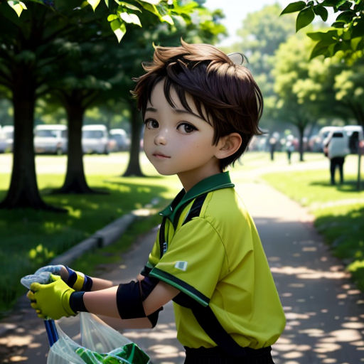 a young boy is holding a plastic bag and a bike in a park area with cars parked on the side of the road