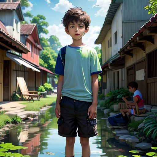 a boy standing in the water in front of a house and a boy sitting on a bench in the background