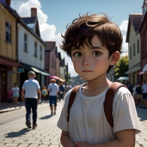 a young boy standing on a street with a backpack on his shoulder and people walking on the sidewalk behind him