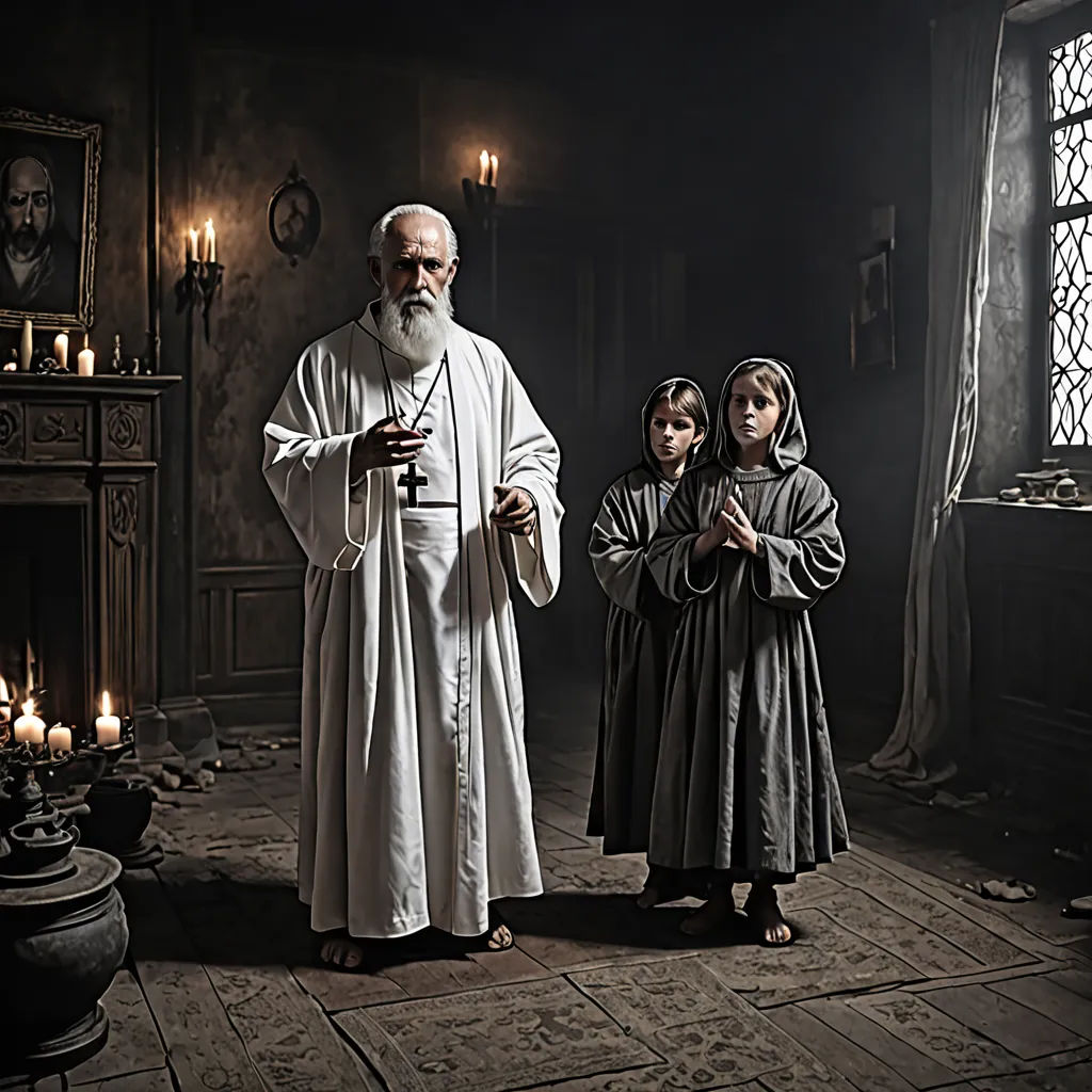 a man and two children standing in a dark room with candles on the floor and a priest standing next to them, gothic art, a detailed matte painting, Artur Tarnowski, promotional image
