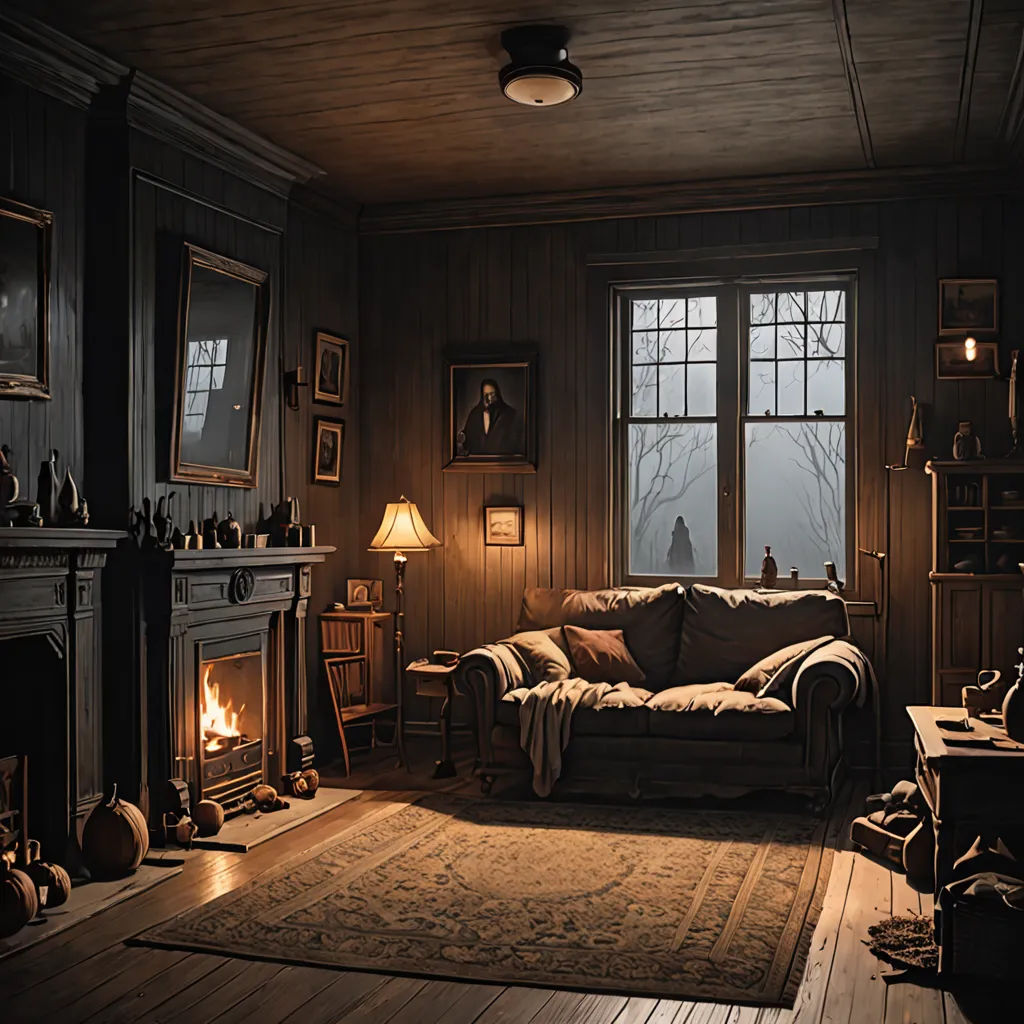 a living room with a couch, fireplace and a rug on the floor in front of a window with a view of the woods, photorealism, a detailed matte painting, Evgeny Lushpin, unreal engine render