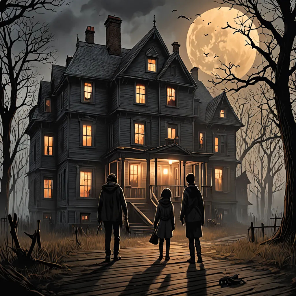a painting of a family walking towards a house at night with a full moon in the background and a full moon in the sky, gothic art, a detailed matte painting, Dan Mumford, key art