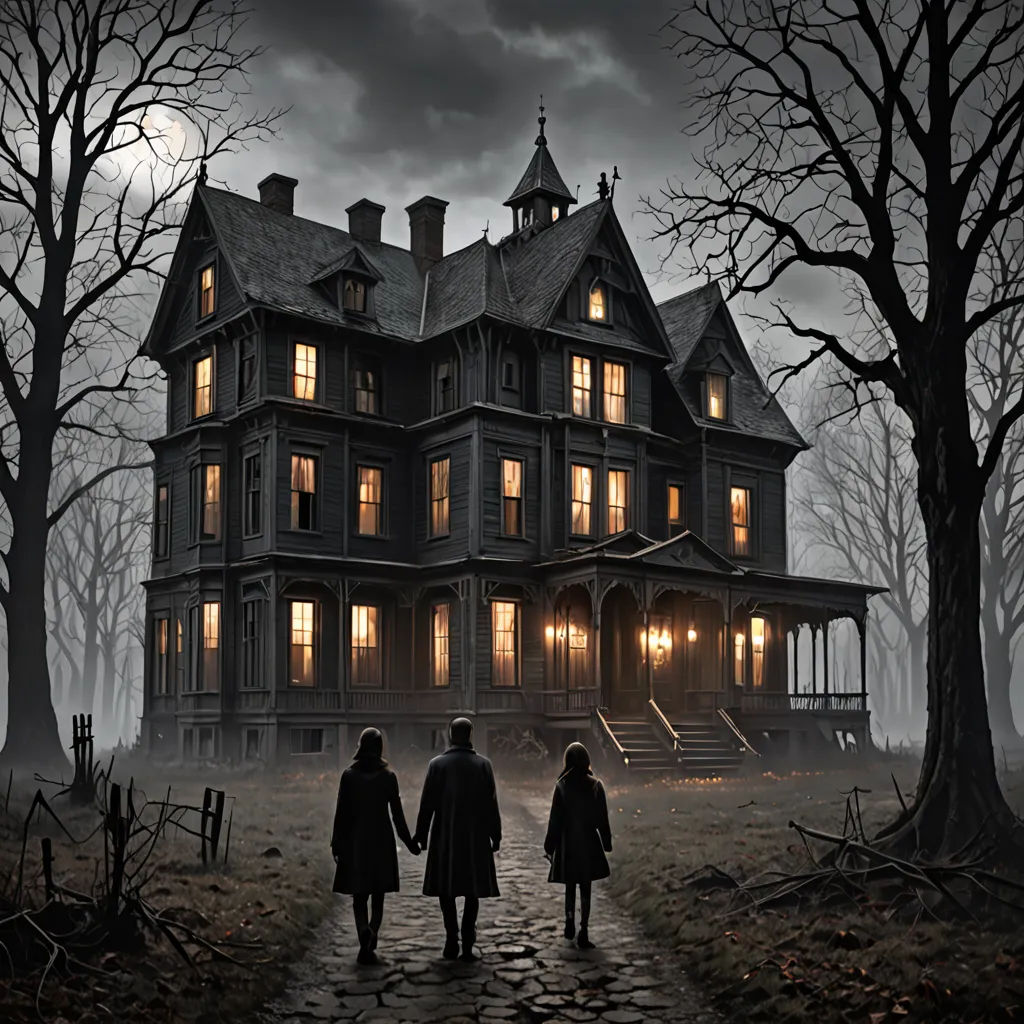 a couple walking towards a creepy house at night with a full moon in the background and a full moon in the sky, gothic art, a detailed matte painting, Dirk Crabeth, promotional image