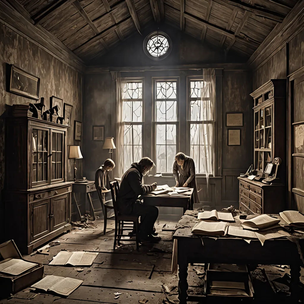 a couple of people sitting at a table in a room with a clock on the wall and a window, international gothic, a detailed matte painting, Andrew Geddes, promotional image