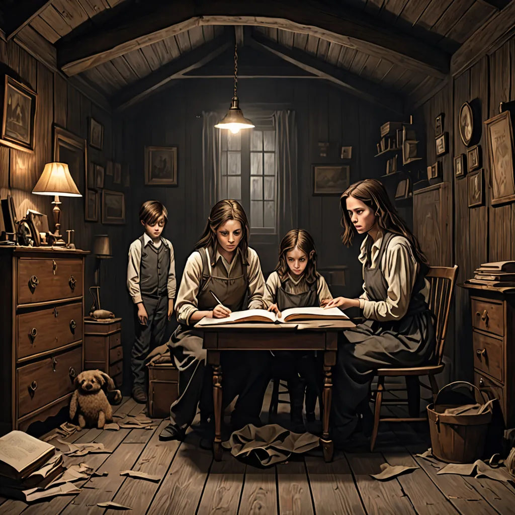 a group of children sitting at a table with an open book in front of them and a dog laying on the floor, art photography, a detailed matte painting, Anne Said, promotional image