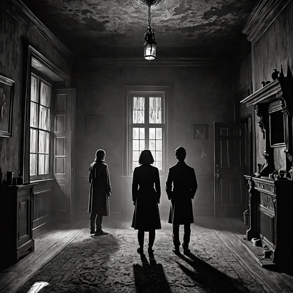 a couple of people standing in a room with a light on above them and a window in the background, aestheticism, poster art, Christian W. Staudinger, promotional image