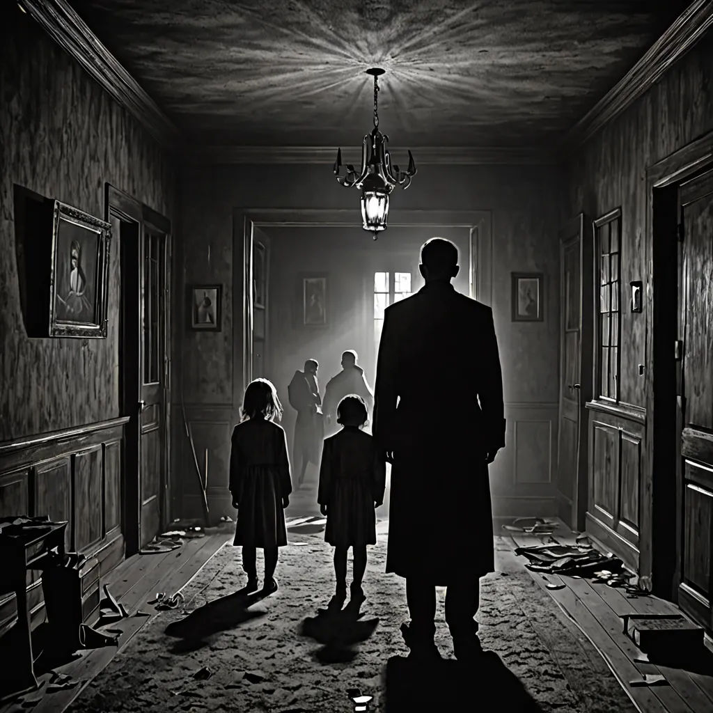 a man and two children are walking through a dark hallway in a house with a chandelier hanging from the ceiling, photorealism, poster art, Dirk Crabeth, promotional image