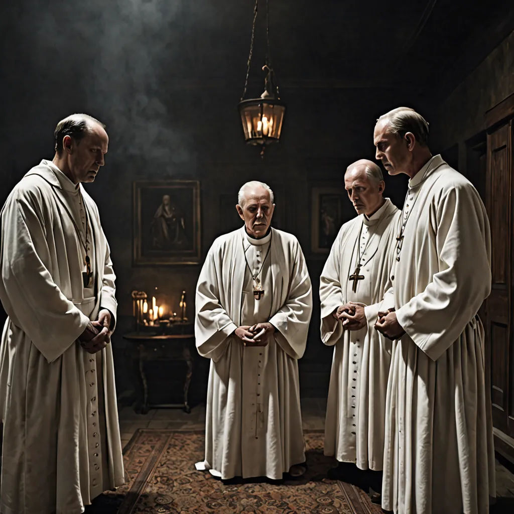 a group of men standing next to each other in a room with a chandelier hanging from the ceiling, antipodeans, a poster, Ed Benedict, promotional image
