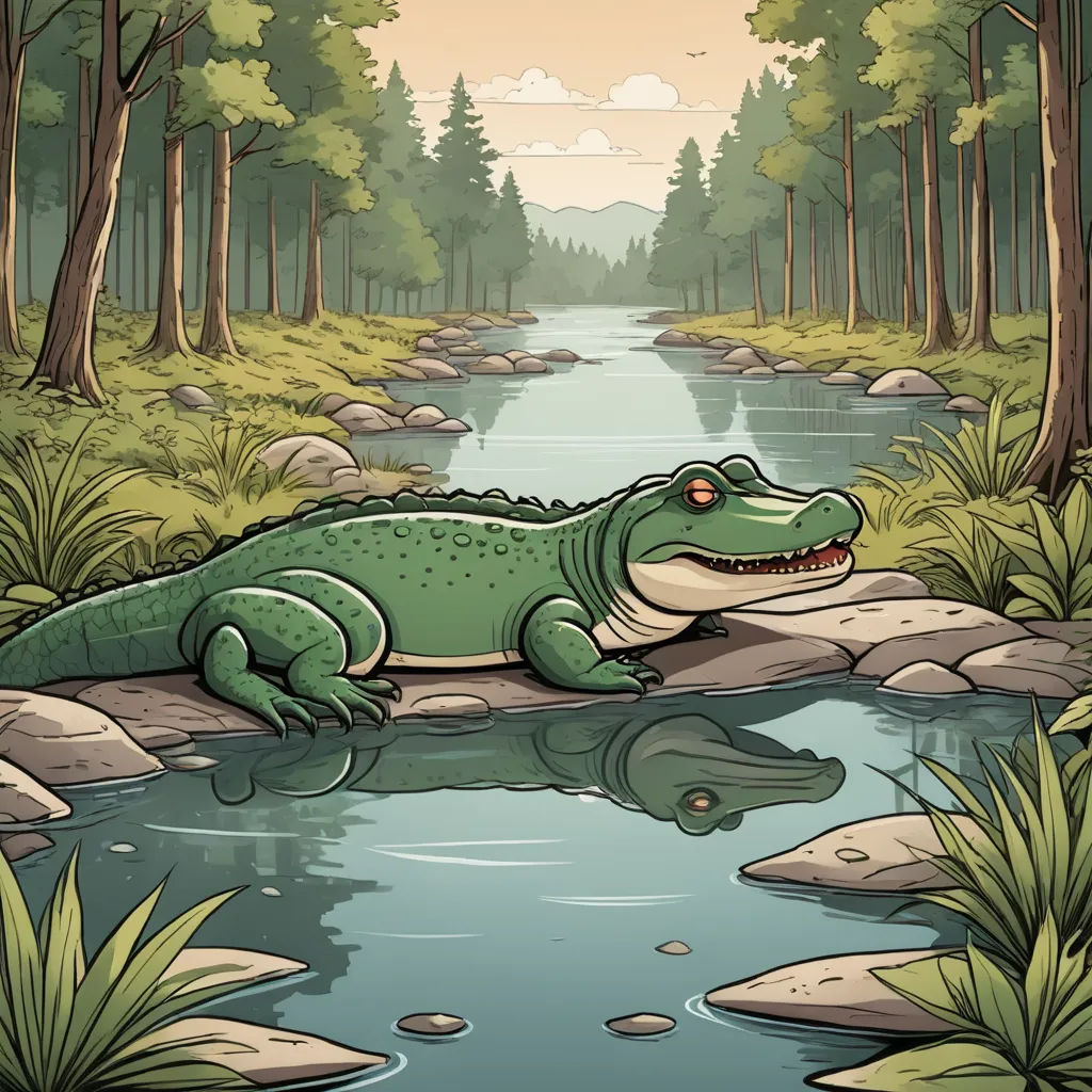 a cartoon alligator is sitting on a rock in the water and is looking at the camera with a smile, environmental art, a storybook illustration, Andries Stock, storybook illustration