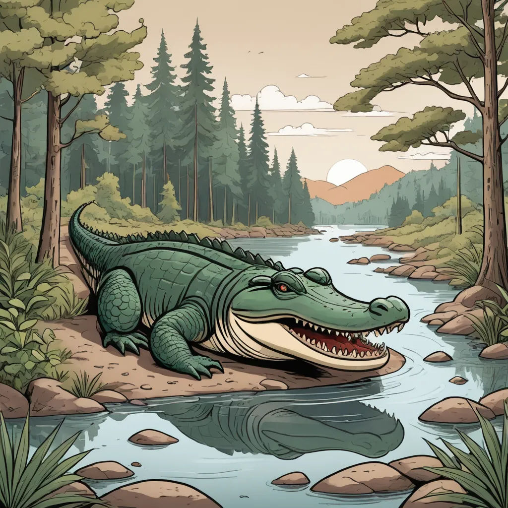 a large alligator is sitting on a rock in a river with a forest in the background and a river running through it, environmental art, a storybook illustration, Chris LaBrooy, storybook illustration