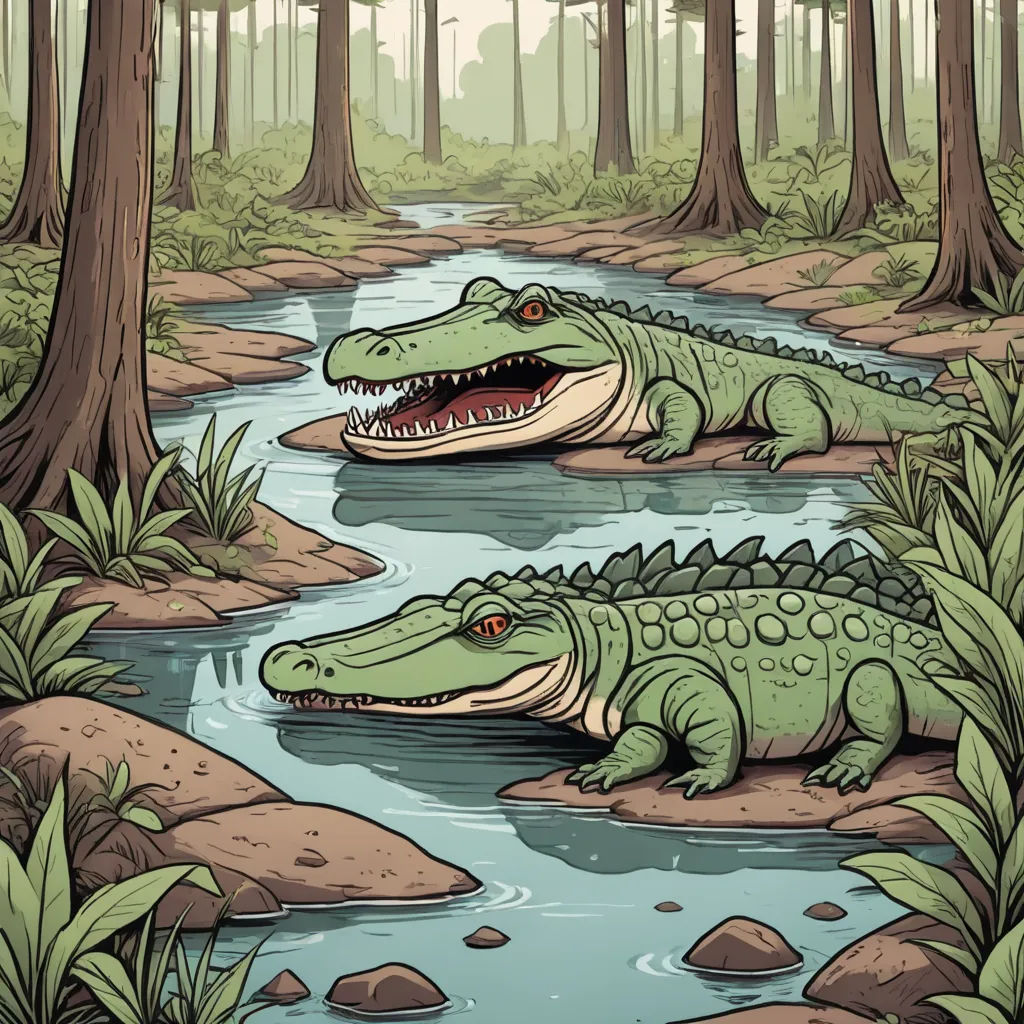 two alligators are swimming in a river in the woods, one is green and the other is white, naturalism, a storybook illustration, Chris LaBrooy, storybook illustration