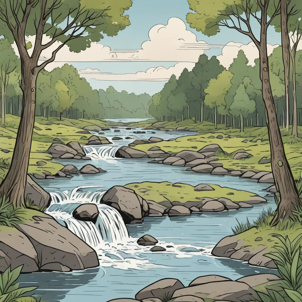 a river flowing through a lush green forest filled with rocks and trees, with a sky background and clouds, environmental art, a storybook illustration, Dan Mumford, storybook illustration