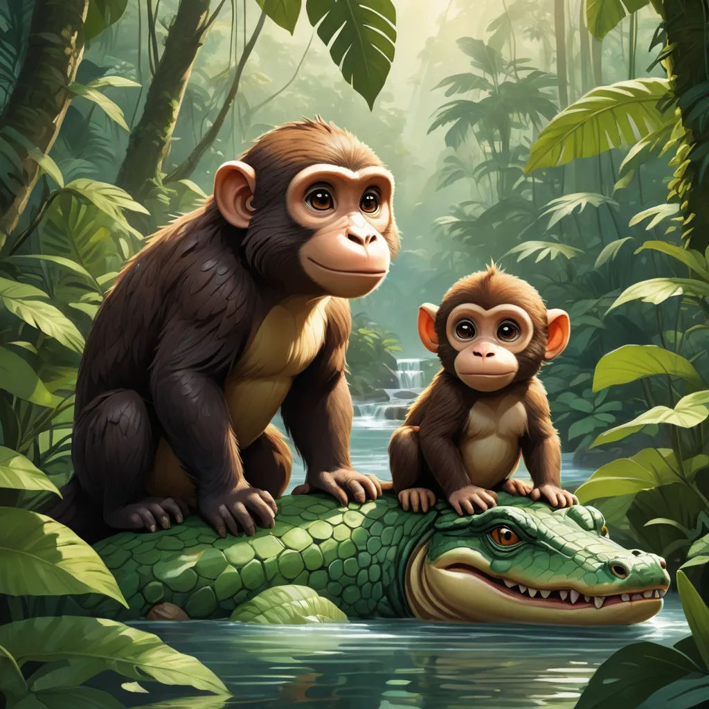 a monkey and a monkey sitting on a crocodile in the jungle with a river running through it and a jungle background, sumatraism, a storybook illustration, Diego Gisbert Llorens, highly detailed digital painting