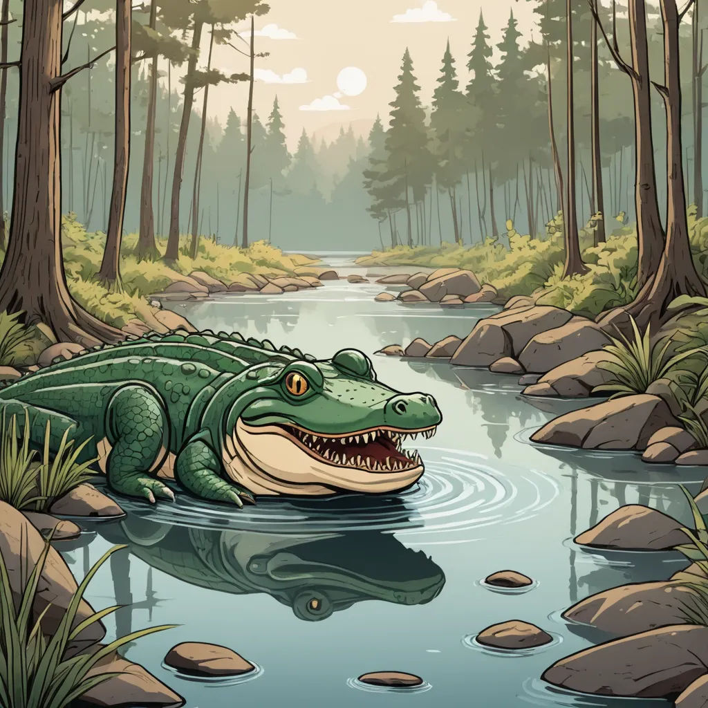 a crocodile is swimming in a river surrounded by trees and rocks, with a forest in the background and a sunlit sky, environmental art, a storybook illustration, Chris LaBrooy, storybook illustration