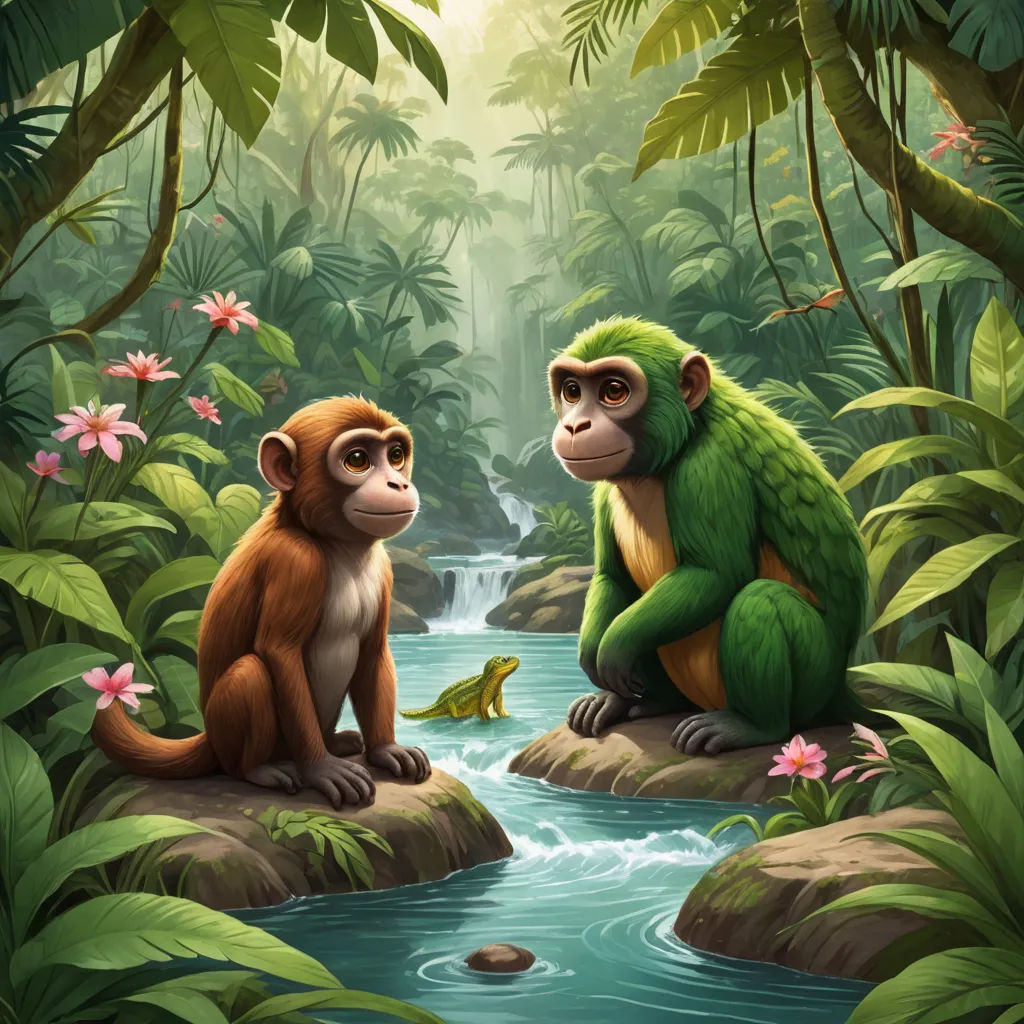 two monkeys sitting on rocks in a jungle with a river running through it and a frog in the foreground, naturalism, a storybook illustration, Chris LaBrooy, jungle