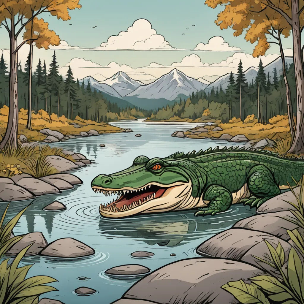 a large alligator is swimming in a river near a mountain range and trees with a cloudy sky in the background, environmental art, a storybook illustration, Dan Mumford, josan gonzales and dan mumford