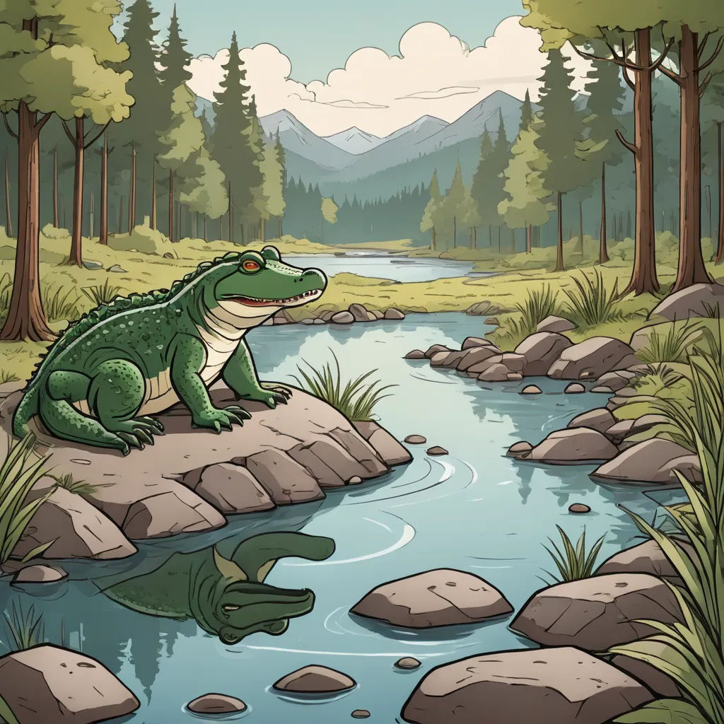 a cartoon alligator sitting on a rock by a river with a mountain in the background and a forest with rocks, environmental art, a storybook illustration, Andries Stock, storybook illustration