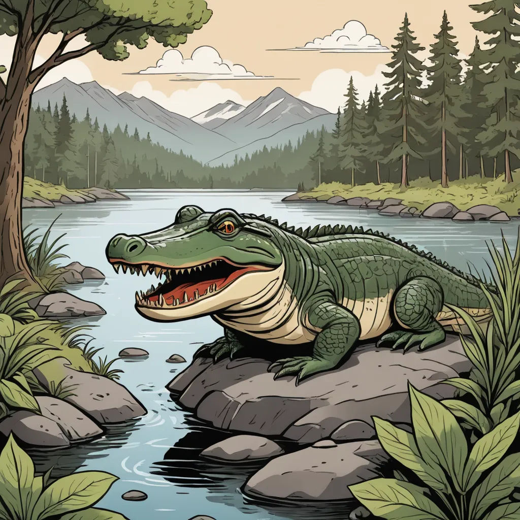 a crocodile is sitting on a rock by a river with a mountain in the background and trees and rocks, lowbrow, a storybook illustration, Dan Mumford, storybook illustration
