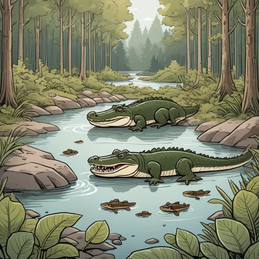 two alligators are swimming in a river in the woods with rocks and trees around them, and a river running through the woods, environmental art, a storybook illustration, Chris LaBrooy, storybook illustration