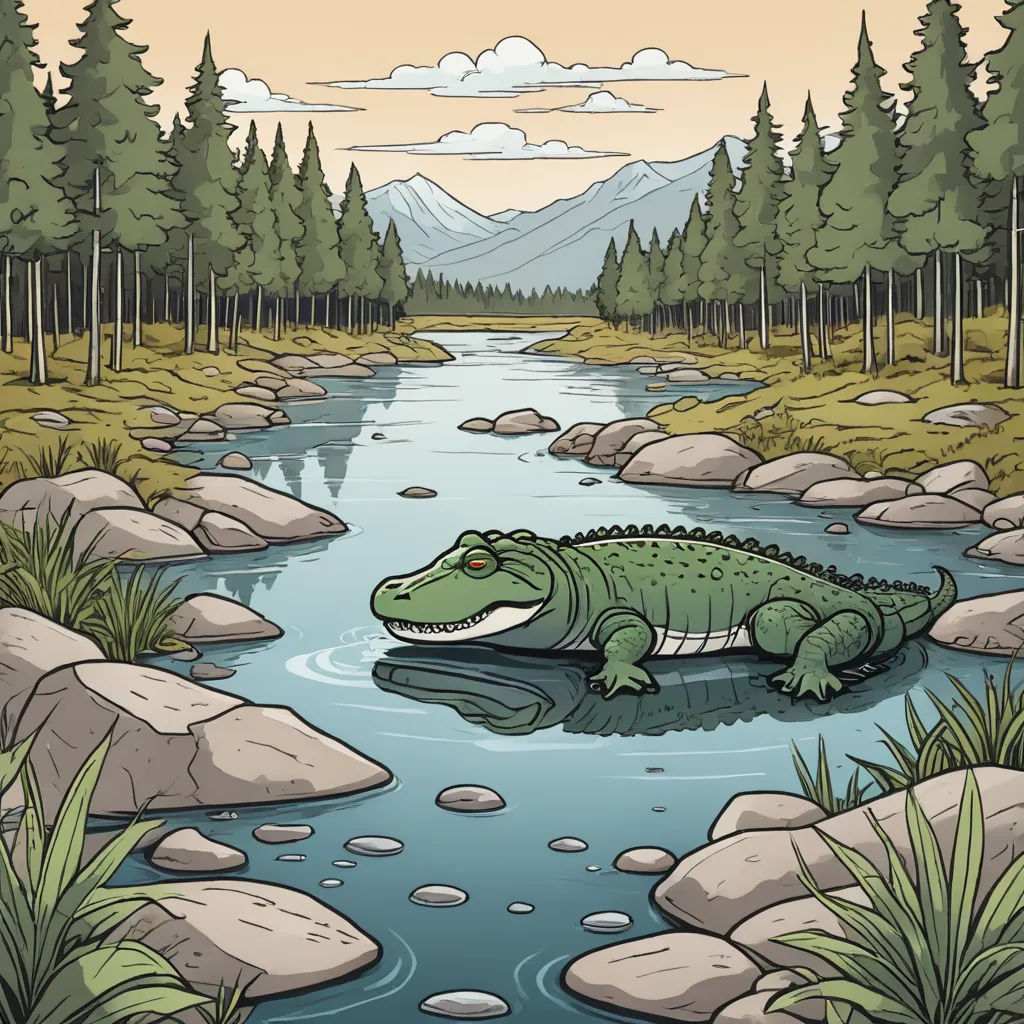 a large alligator is sitting in a river near a forest and rocks with a mountain in the background and a river running through it, environmental art, a storybook illustration, Chris LaBrooy, storybook illustration
