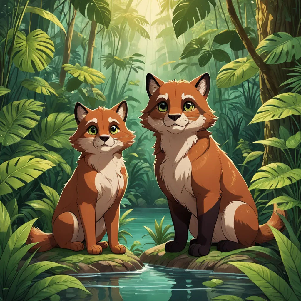 two foxes sitting on a rock in a forest with a stream of water and green plants around them, looking at the camera, sots art, concept art, Chris LaBrooy, official art