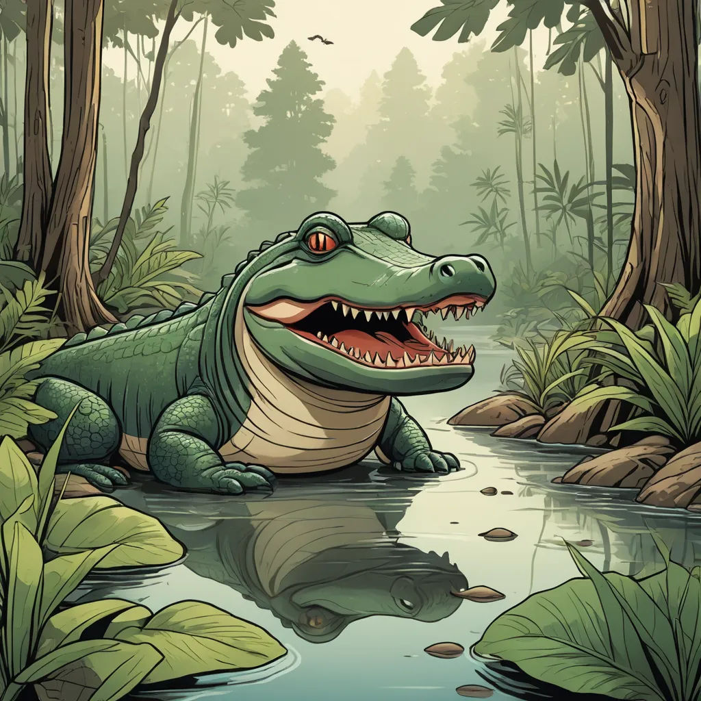 a large alligator sitting in a swampy area with trees and plants around it, with a reflection of its mouth, fantasy art, a storybook illustration, Chris LaBrooy, storybook illustration