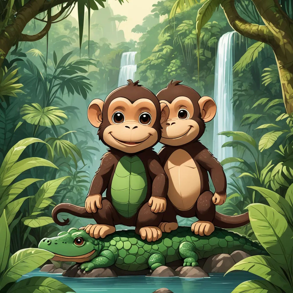 two monkeys sitting on a turtle in the jungle near a waterfall and a waterfall falls behind them, with a green frog in the foreground, naturalism, a storybook illustration, Diego Gisbert Llorens, jungle