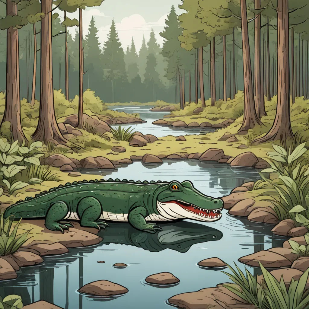 a crocodile is sitting in the water near a forest with rocks and trees on the shore of a river, environmental art, a storybook illustration, Chris LaBrooy, storybook illustration