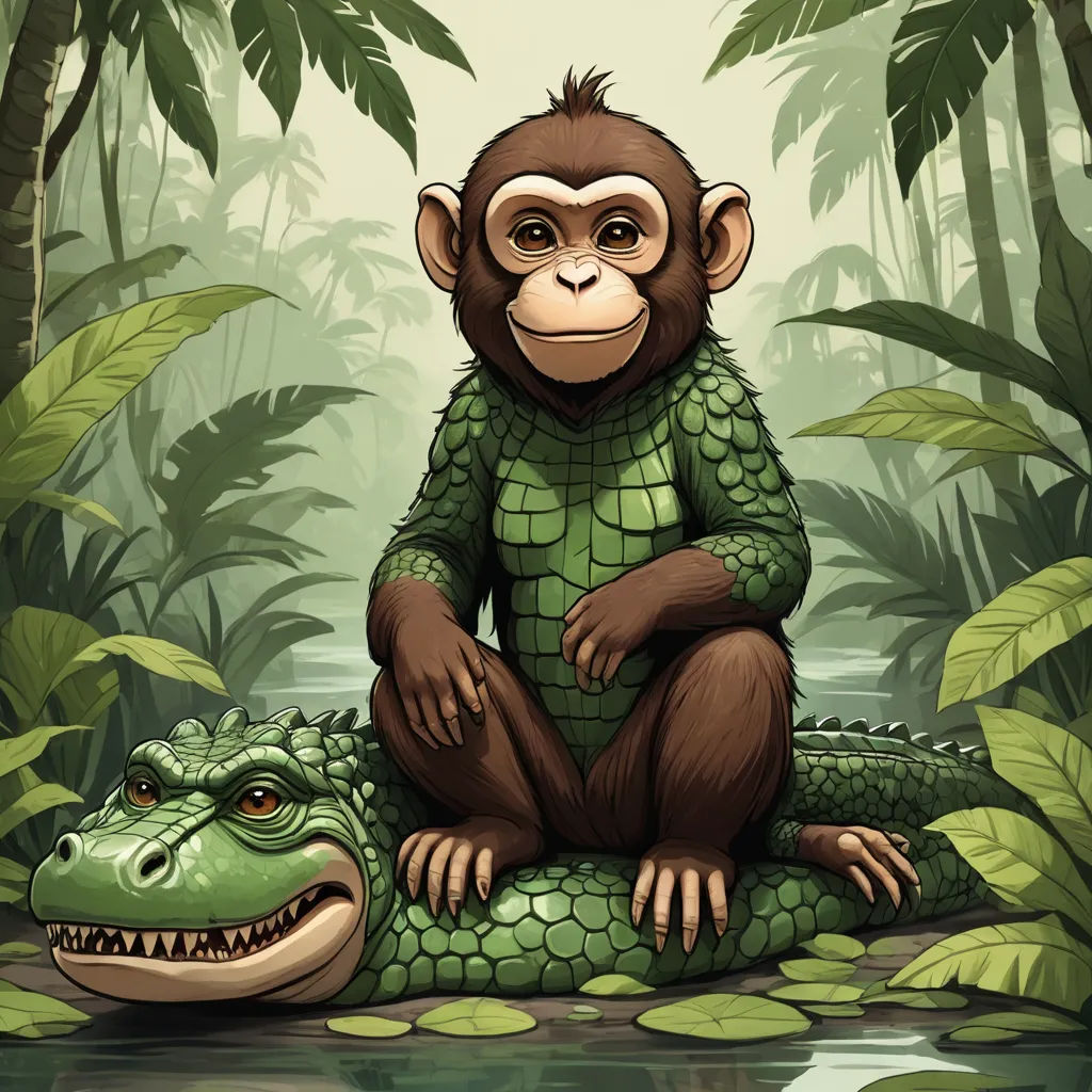 a monkey sitting on top of a crocodile in a jungle with a crocodile in front of it and a crocodile in the background, sumatraism, a storybook illustration, Diego Gisbert Llorens, storybook illustration
