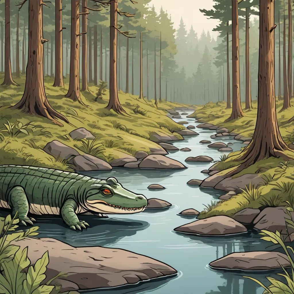 a crocodile is sitting on a rock in a river near a forest with rocks and trees, and a stream running through it, environmental art, a storybook illustration, Chris LaBrooy, storybook illustration