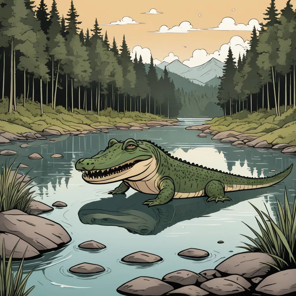 a cartoon alligator is sitting in the water near a river and some rocks and trees in the background,, environmental art, a storybook illustration, Chris LaBrooy, storybook illustration