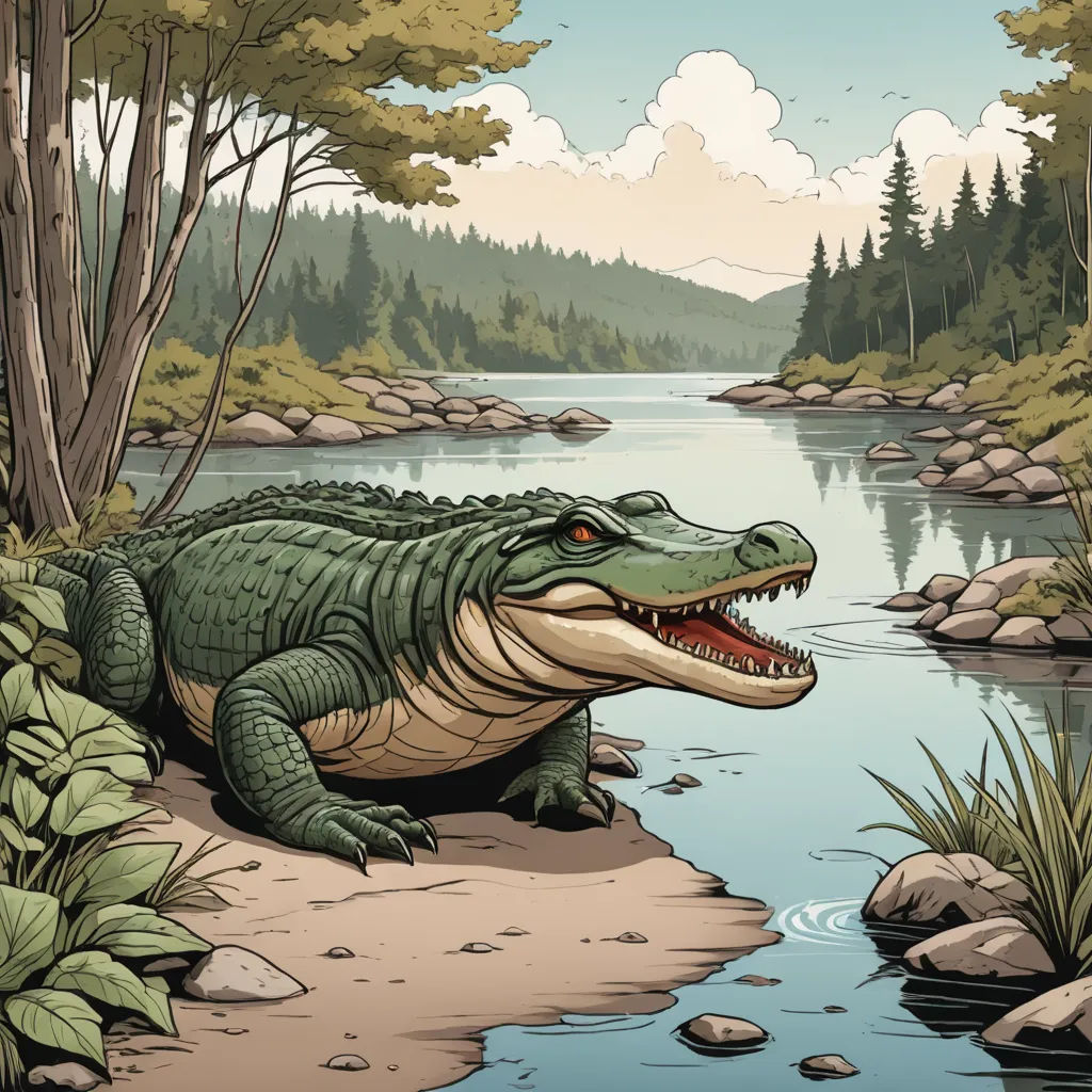 a large alligator is sitting on the shore of a river with a forest in the background and a riverbank with rocks and grass, altermodern, an illustration of, Chris LaBrooy, high detail illustration