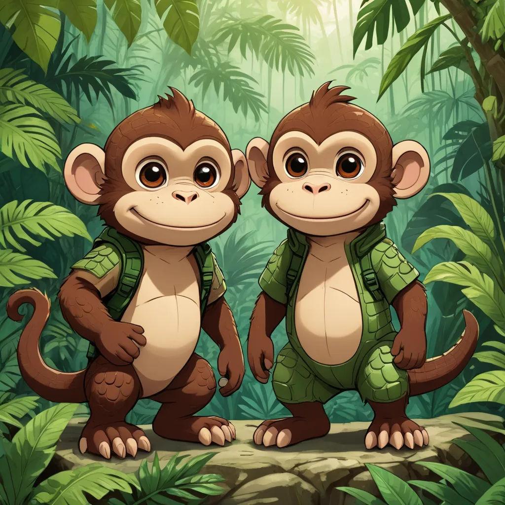 two monkeys standing in the jungle with backpacks on their backs and one monkey with a backpack on its back, sots art, concept art, Diego Gisbert Llorens, highly detailed digital painting