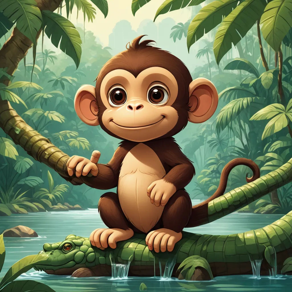 a monkey sitting on a branch in a jungle with a river and a crocodile in the background illustration by alex krawc, sumatraism, a storybook illustration, Chris LaBrooy, jungle
