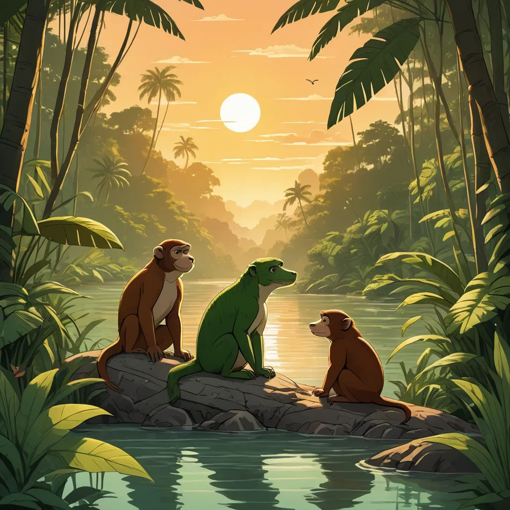 a painting of a couple of animals sitting on a rock in the jungle by a river at sunset or dawn, primitivism, a storybook illustration, Chris LaBrooy, promotional image