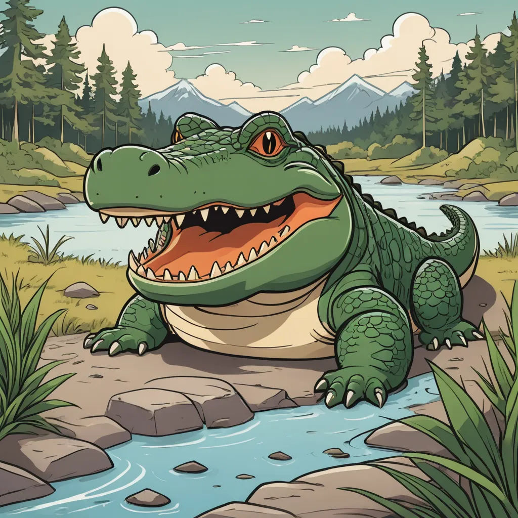 a cartoon alligator sitting on a rock by a river with a mountain in the background and a forest in the foreground, sots art, a storybook illustration, Chris LaBrooy, 2 d game art