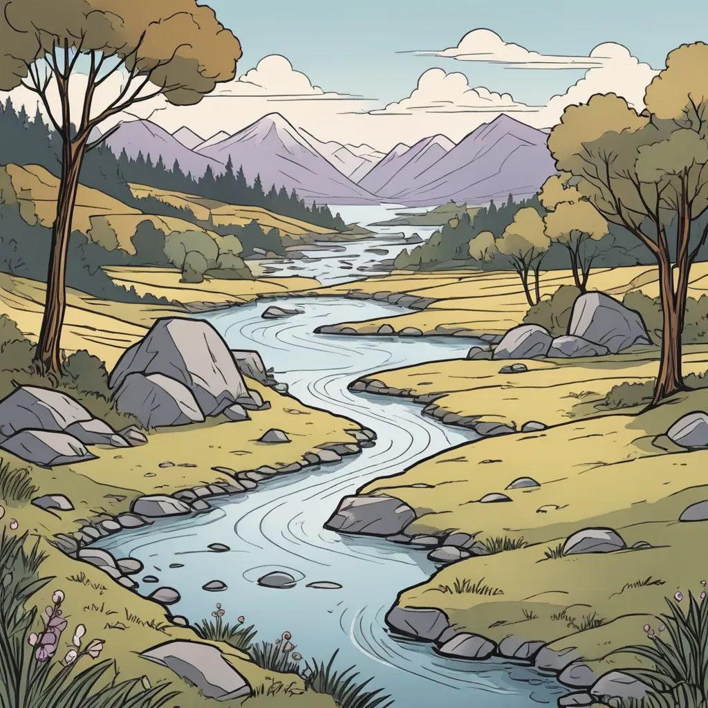 a river running through a lush green forest filled with rocks and trees, with mountains in the background and a cloudy sky, environmental art, a comic book panel, Dan Mumford, river