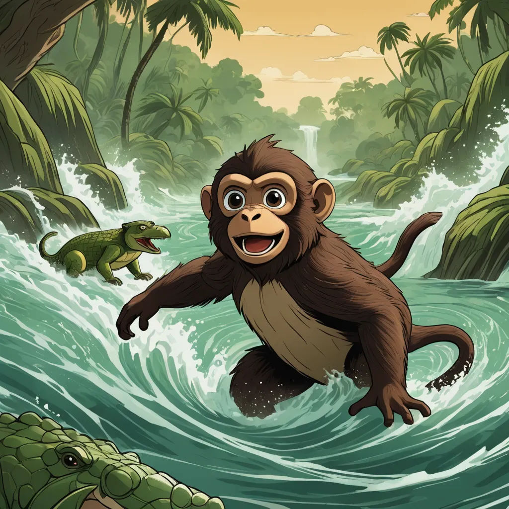 a monkey and a crocodile in a river with a waterfall and trees in the background illustration by alex krawc, sots art, a storybook illustration, Diego Gisbert Llorens, storybook illustration