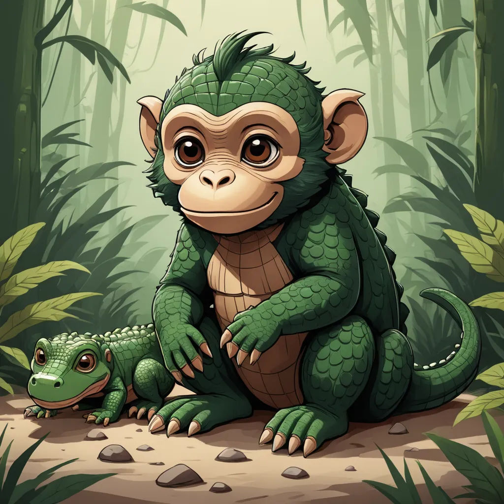 a green monkey and a green alligator in a jungle setting with bamboo trees and rocks and rocks on the ground, fantasy art, a storybook illustration, Chris LaBrooy, highly detailed digital painting