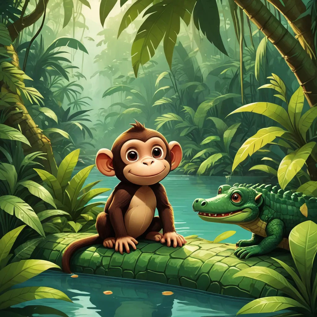 a monkey and a crocodile in a jungle by a river illustration by alex macieli for the children's book, sots art, a storybook illustration, Chris LaBrooy, jungle
