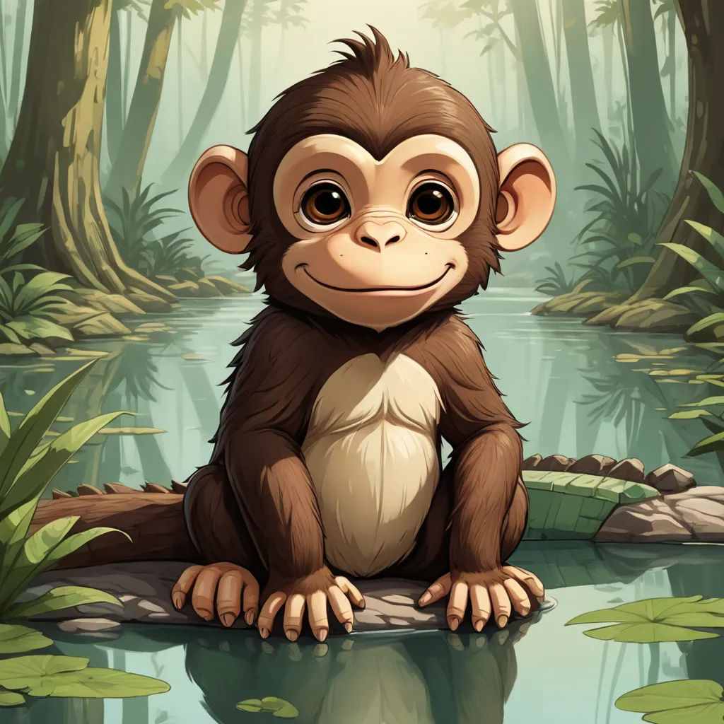 a monkey sitting on a log in a forest with water and plants around it, looking at the camera, naturalism, a character portrait, Diego Gisbert Llorens, highly detailed digital painting