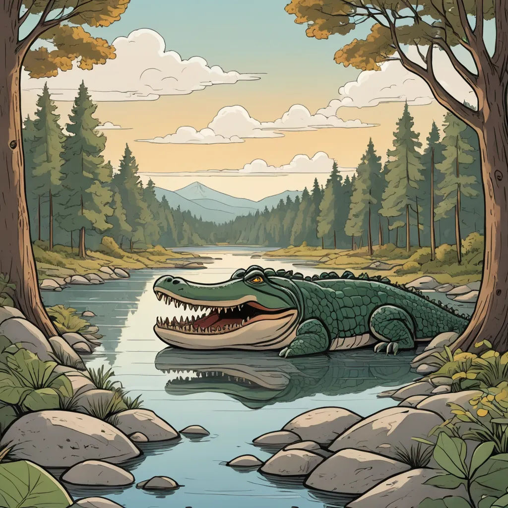 a crocodile is floating in a river surrounded by trees and rocks, with a mountain in the background and a river running through the center, fantasy art, a storybook illustration, Chris LaBrooy, storybook illustration