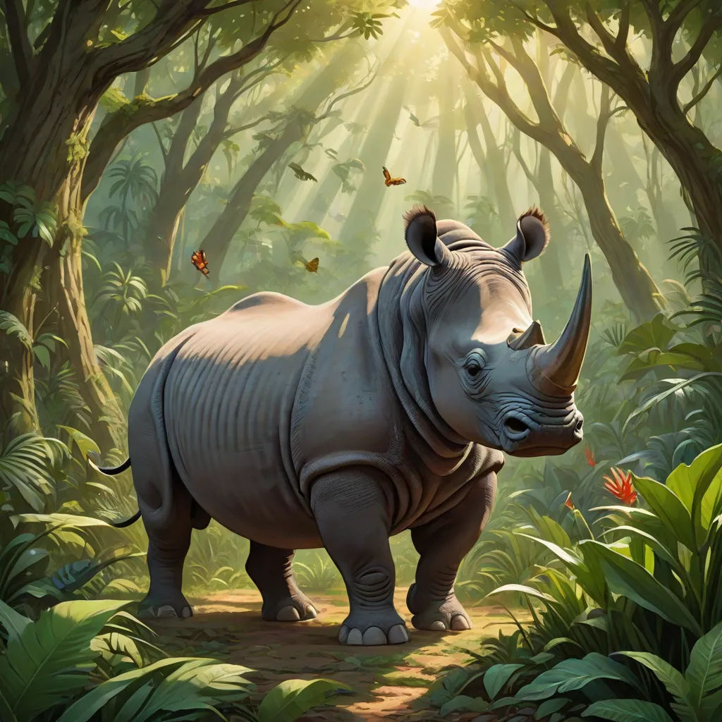 a rhinoceros standing in a forest with butterflies flying around it's neck and head, with a sunbeam in the background, fantasy art, a storybook illustration, Chris LaBrooy, magic the gathering artwork