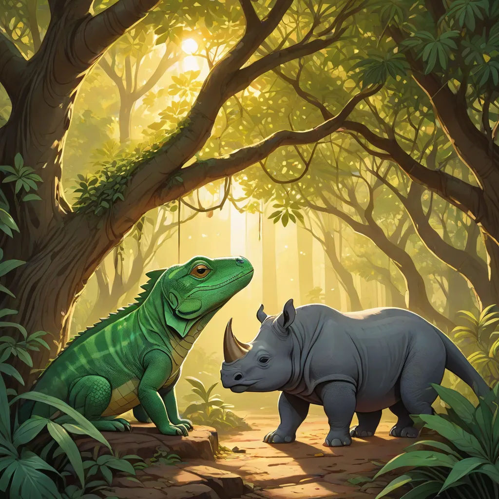 a painting of two rhinos and a rhino in a jungle setting with trees and foliage, one rhino is facing the other rhino, altermodern, a storybook illustration, Chris LaBrooy, magic the gathering artwork