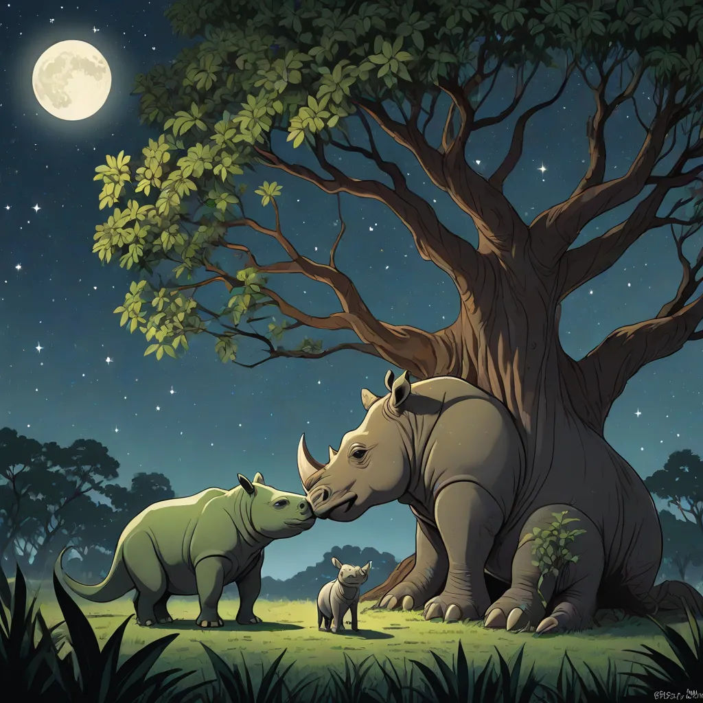 a rhino and a rhinoceros are in the grass under a tree at night with the moon in the sky, naturalism, a storybook illustration, Chris LaBrooy, storybook illustration