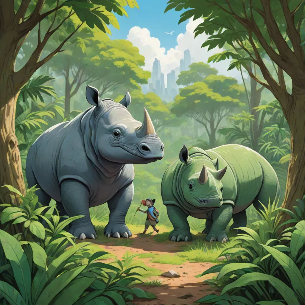 a couple of rhinos standing in the middle of a forest next to a rhinoceros and a man, altermodern, a storybook illustration, Chris LaBrooy, rossdraws global illumination
