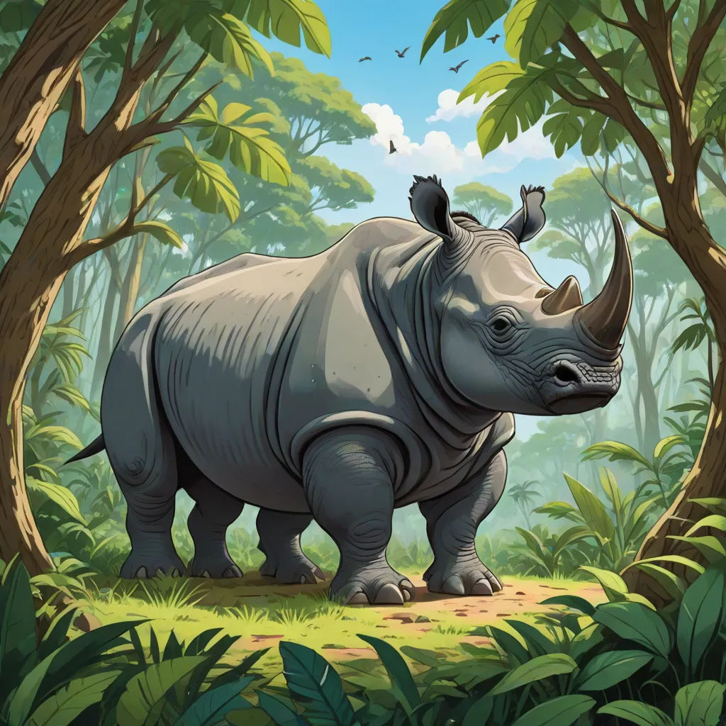a rhino in a jungle with trees and bushes around it's edges and a bird flying above it, altermodern, a storybook illustration, Chris LaBrooy, magic the gathering artwork